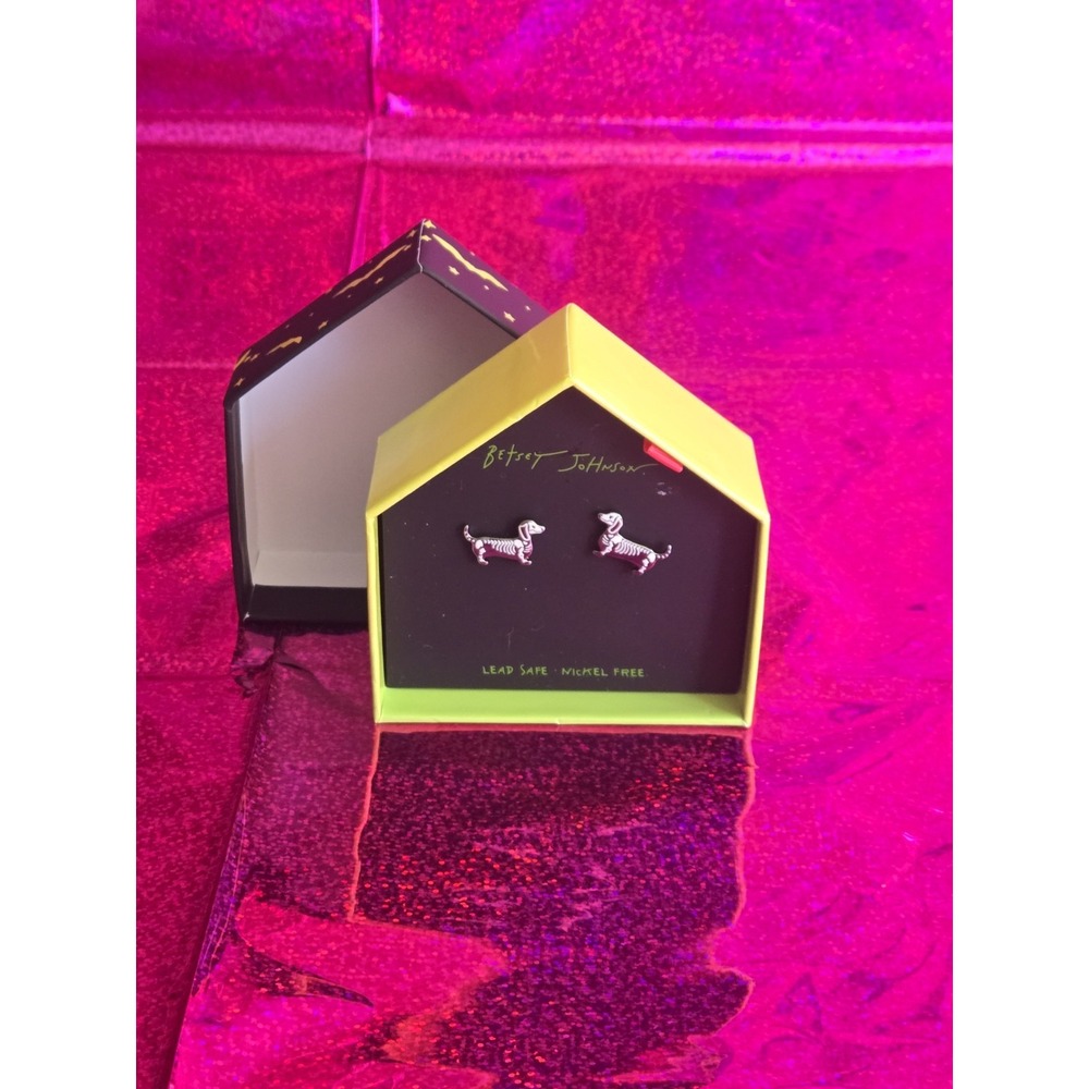 BETSEY JOHNSON Halloween Skeleton Dog Dachshund Stud Earrings, New In Box.